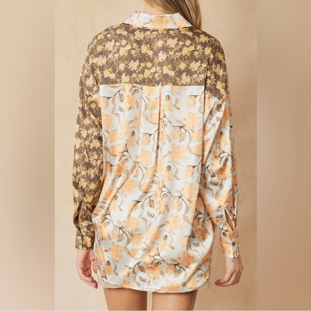Entro Mix Print Blouse Floral Split-Print Button-Up Shirt Cream & Brown - Picture 3 of 3